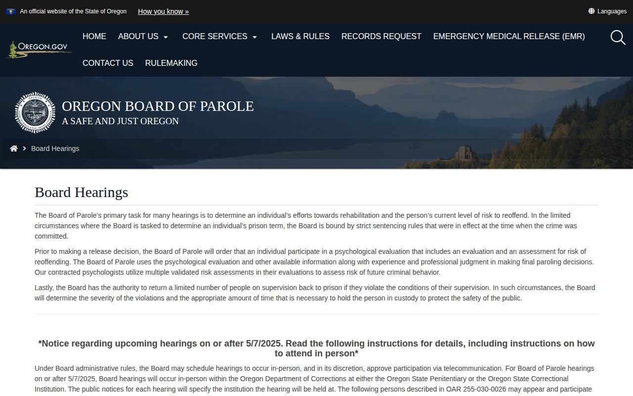 Curry County parole hearing calendar and Oregon Board hearing types